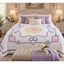 Vintage Chenille Bedspread King 108 x 122 Floral Lavender Pink Yellow picture