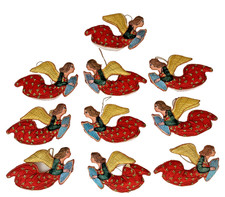 VTG Flying Angel Christmas Ornaments Stitched Red Gold Wing Harp Lot of 9 picture