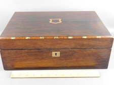 Antique Rosewood Campaign Writing Box, Lap Desk, Brass, Mother of Pearl Inlay picture