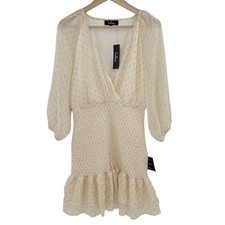 NWT Lulus All The Cheers Cream & Gold Dotted Smocked Mini Dress Sz L Event Boho picture