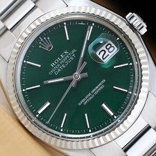 ROLEX MENS DATEJUST 1601 GREEN DIAL 18K WHITE GOLD STEEL WATCH w/ OYSTER BAND picture