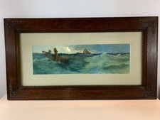 Antique Watercolor Seascape Fishermen at Sea Manner of Edward Moran Oak Frame picture