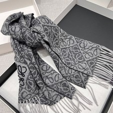LOEWE Wool Cashmere Scarf Gray Anagram Jacquard Fringe Unisex 180x38cm picture