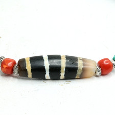 Antique Himalayan Tibetan Etched Agate 4-Line Dzi Bead Turquoise Coral Bracelet picture