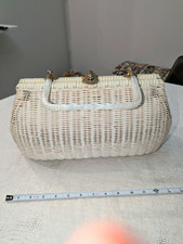 White Wicker Basket Purse Lucite Handle 50’s-60’s Handbag  picture