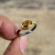 Smokey Black And Gold Plated 925 Sterling Silver Ring S.Adjustable R87147 picture