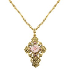 1928 Jewelry Cross Porcelain Rose Cross Necklace 18 Inch Chain, Pink picture