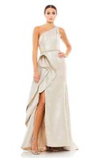 Mac Duggal Oyster One-Shoulder Ruffle Metallic Brocade Mermaid Gown Size 2 $598 picture