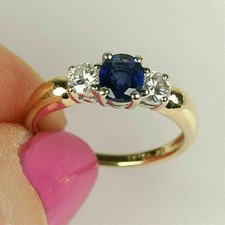 1.60Ct Lab Created Blue Sapphire Three Stone Wedding Ring 14K Yellow Gold Over picture