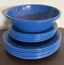 14 Piece Blue Speckled Granitewear Set. 6 Dinner, 6 Soup & 2 Serving Bowls. picture