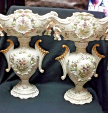 SET 2 CAPODIMONTE VASES URN CENTERPIECES CHERUBS FLOWERS MARKED W/ N LOGO picture