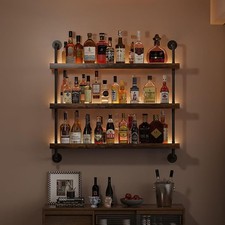 3-Tier Wall Mounted Wine Rack w/ LED Liquor Bottles Floating Shelves Display picture