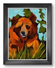 R Stevens Original 9x12 Expressionist Brown Bear Forest Painting Signed Canvas picture