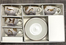 Japanese Kutani Ware Pottery Sparrow Tea Cup & Saucer Set of 5-Design Boxed USED picture