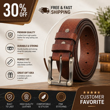 Men's Genuine Buffalo FULL GRAIN Leather Belt, 1 1/2