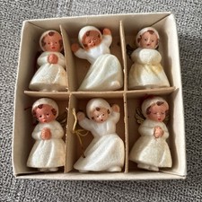6 Vtg Celluloid Mica Sugar Angel Christmas Ornaments Metal Wings West Germany picture