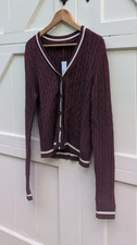 NWT Gap Women's Burgundy Cable Knit Varsity V-Neck Cardigan Sweater Small Tall picture