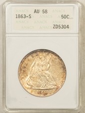 1863-S LIBERTY SEATED HALF DOLLAR - ANACS AU-58 LOOKS UNC, OLD SOAPBOX HOLDER PQ picture