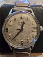 Rare Vintage Elgin Mens Watch 33mm Basket weave/Linen Dial Date Silver Tone picture