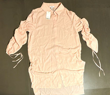 Bar III Pink Collared Button-Up Blouse Long Sleeve Ruched Drawstring L picture