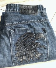 Marc Ecko Cut & Sew Jeans Mens 32 Straight Eagle Skull Biker Dark Wash Denim Y2K picture