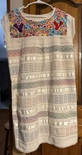 Vintage Mexican Embroidered Huipil Tunic Dress Floral Birds Folk Art Boho picture