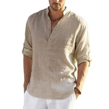 Men's Cotton Linen Henley Long Sleeve Shirt Casual Beach T-shirt Tee Summer Gift picture