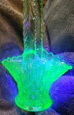 Antique Green Uranium Glass Basketweave basket w/ Handle 6 x 4 x 2.5 in picture