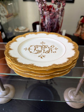 Set of 4 Antique Jean Pouyat Limoges Dinner Plates Heavy Gold Gilt Monogram 9.5” picture