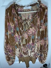 Top Apricot Lane Jena Green Bodysuit Thong Size Small Brown Floral Boho Velvet picture