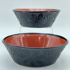 Mexican Clay Bowls Set 2 Black Terracotta Floral Handmade Pottery Mexico NEW 7in picture