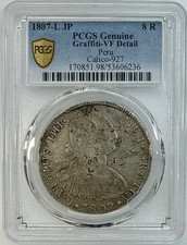 Peru | 1807L JP 8 Reales|Silver Calico927|PCGS Graffiti VF Chopmark|KM97 Vintage picture
