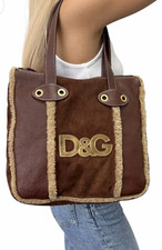 Dolce & Gabbana Brown Shearling Trim Zip Tote Bag Gold Hardware Logo picture