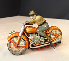 Technofix G.E. 258 Vintage Tin Motorcycle w/ Rider Orange Silver Gray picture