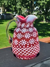Rare Antique Northwood Cranberry Christmas Snowflake Opalescent Glass Pitcher picture