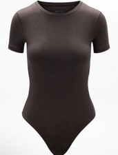NWOT ATHLETA BodyMove Short Sleeve Crew Neck Brown Bodysuit Sz SMALL picture