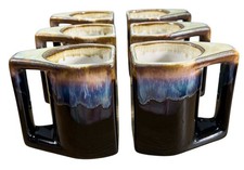6 VTG Rodolfo Padilla Drip Glaze Stoneware  Coffee Mugs Cups Blue MCM BOHO  picture