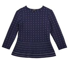 Talbots Navy Blue White Dot Knit Peplum Sweater Top Women's Size S picture