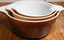 Set of 3 PYREX Brown & Gold Woodland Casserole Mixing Bowls 473 474 475 Ovenware picture
