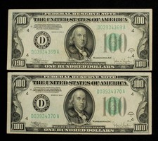 2 Consecutive 1934C $100 FRN Federal Reserve Notes - FR2155D - SKU-CA2452 picture