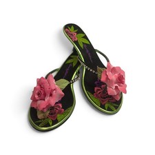 Vintage Beverly Feldman Lazy Nights Y2K 3D Rose Floral Kitten Heels Thong Size 8 picture