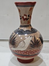 Vintage Tonala Hand Painted Mexican Folk art  Bird Flower Pottery Vase picture