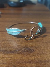 Vintage Southwestern Copper Tone Turquoise Patina Feather Open Wire Cuff... picture