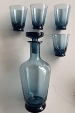 Vintage Blue Glass Decanter Set Mid Century Modern Style with 4 Glasses MCM picture