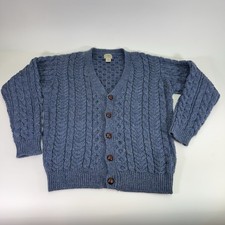 VTG LL Bean Aran Ireland Cardigan Sweater Mens Blue Fisherman Wool Cable Knit M picture