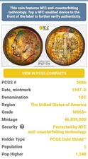 1947 D Roosevelt 10c WOW POP 1 in MS65+ PCGS Monster Toning 🌈  picture