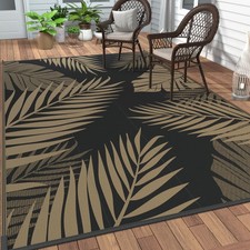 Outdoor Rug 10 x 14 Waterproof Reversible Black Beige Patio Deck RV GENIMO Straw picture