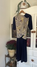 Vintage 1940s 40s Art Deco Antique Rayon Navy Blue Floral Scalloped Midi Dress M picture