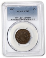 1867 P PCGS XF40 - Shield 2c Two Cent US Coin #63062A picture