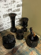 Vintage hand-carved wooden candle holder mortar & pestle, Tobacco box set picture